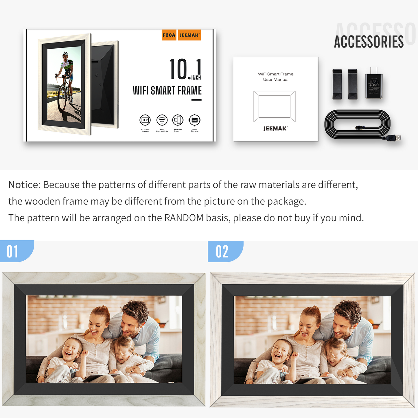 Cadre photo numérique WiFi JEEMAK 10 pouces Écran tactile IPS Rotation automatique Stockage de 16 Go Configuration sans effort en une minute - Cadeau pour les amis et la famille