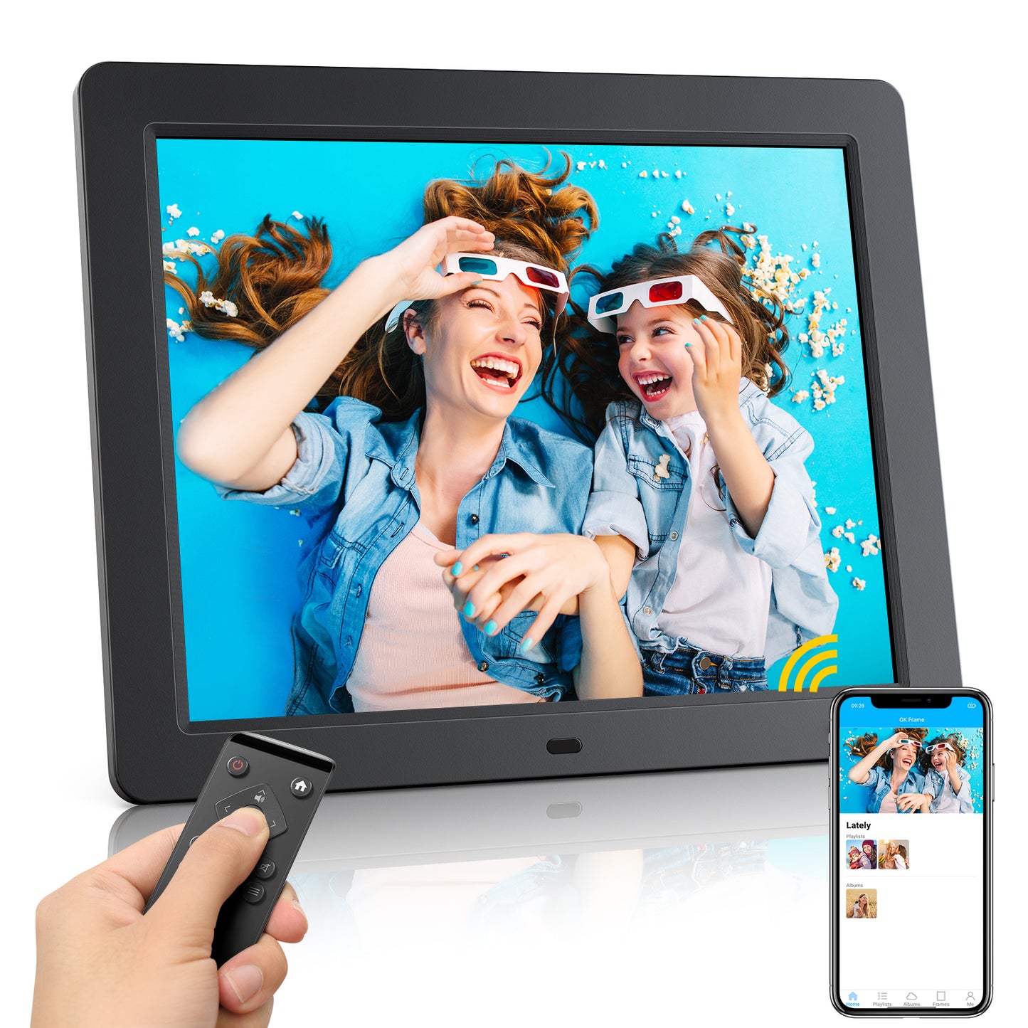 Cadre photo numérique WiFi JEEMAK Écran IPS 15" Cadre photo intelligent Cloud Télécommande à rotation automatique Partagez des photos Vidéos via l'application et l'e-mail depuis n'importe où, Capteur de mouvement, Port USB et SD, Rotation automatique