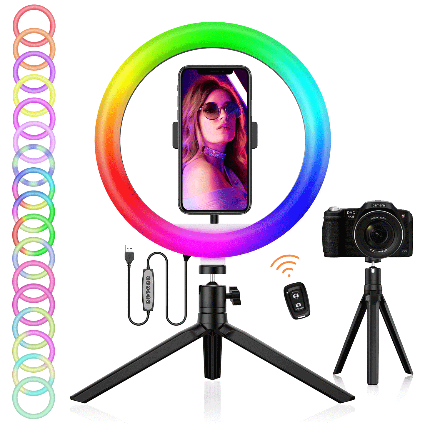 JEEMAK Kit d'éclairage annulaire LED 10" avec support et télécommande sans fil USB à intensité variable, angle réglable à 360° pour maquillage, éclairage domestique, fête, selfie, téléphone, appareil photo, Youtube