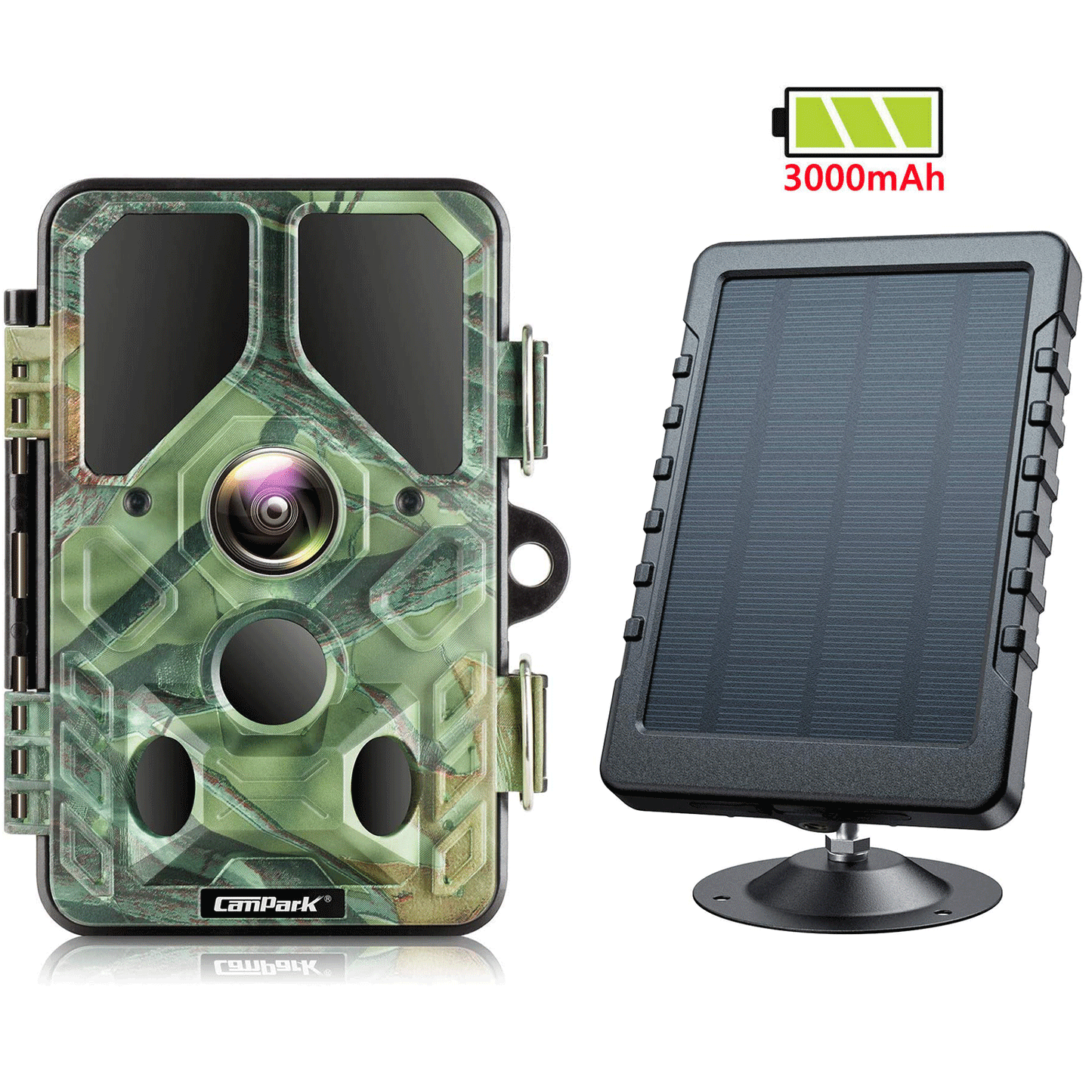 Caméra de chasse CAMPARK WiFi avec panneau solaire 3000 mAh, caméra de chasse 20 MP 1296P avec LED IR 940 nm, vision nocturne, écran LCD 2,4" et caméra de surveillance, batterie externe solaire étanche 6 V/2 A