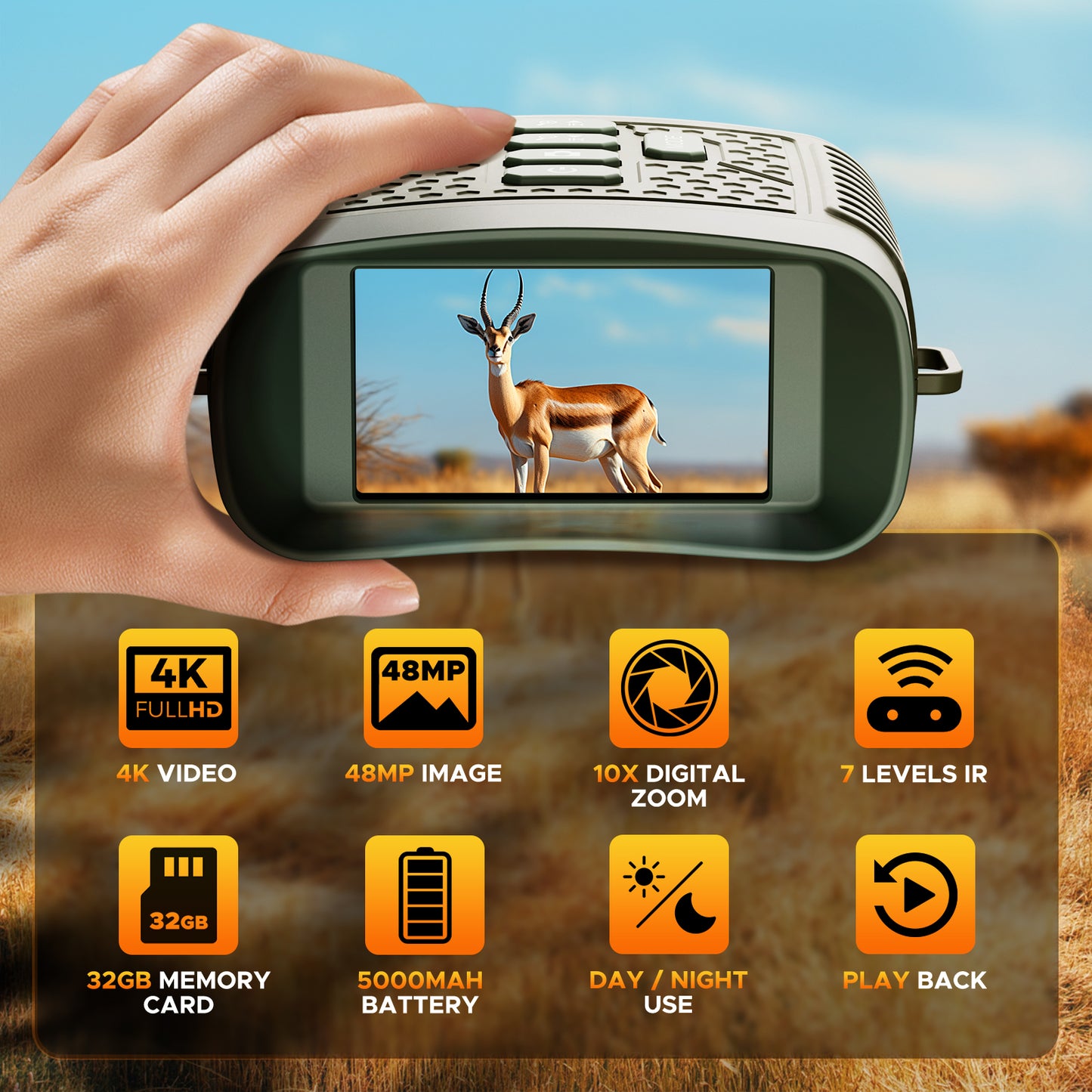 CAMPARK Night Vision Goggles, 4K 48 MP Night Vision Binoculars 10X Zoom & 5000mAh Battery, 32GB Card Included, Infrared Vision, 1300ft Range, Perfect for Outdoor, Camping & Security