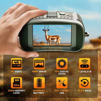 CAMPARK Night Vision Goggles, 4K 48 MP Night Vision Binoculars 10X Zoom & 5000mAh Battery, 32GB Card Included, Infrared Vision, 1300ft Range, Perfect for Outdoor, Camping & Security
