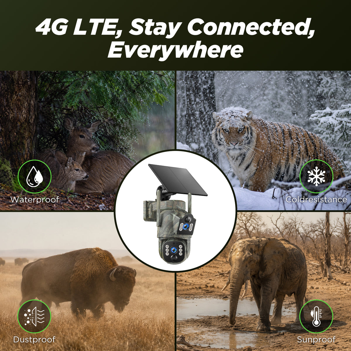 Campark 4G LTE Cellular Trail Camera, Dual Lens Dual Pir Solar Powered 2K Hunting Game Cam, 360° Live View, Color Night Vision, No WiFi