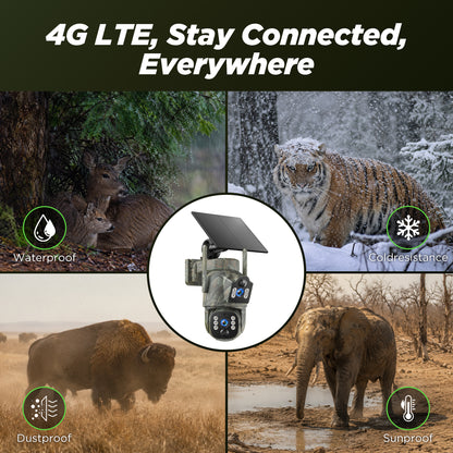 Campark 4G LTE Cellular Trail Camera, Dual Lens Dual Pir Solar Powered 2K Hunting Game Cam, 360° Live View, Color Night Vision, No WiFi