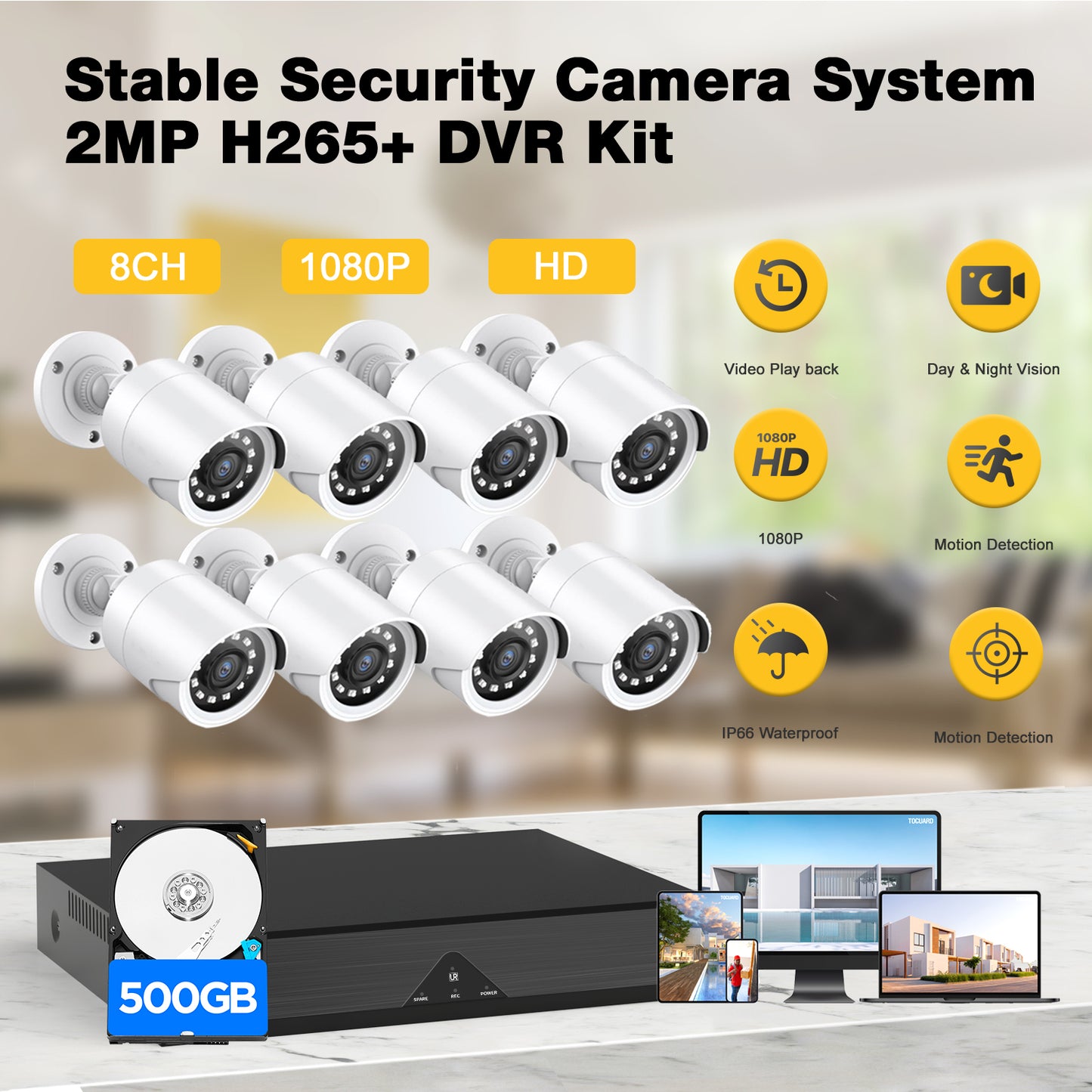 Toguard SC35 8CH Wired Security Camera System Outdoor with 500GB Hard Drive 8pcs 1080P Bullet Surveillance Cameras HDMI Connector