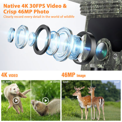 CAMPARK ソーラートレイルカメラ SDカード付き 4K 30fps WiFi Bluetooth 46MP ハンティングゲームカメラ 120°検出角度 モーションセンサー ナイトビジョン IP66 防水 野生動物の追跡用