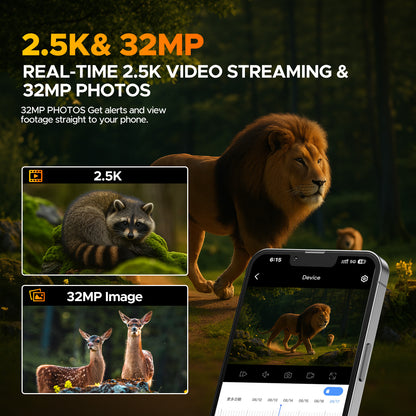 Caméra de chasse solaire CAMPARK 48 MP 4K avec vision nocturne, détection de mouvement, étanche IP66, enregistrement en boucle, temps de déclenchement de 0,1 s, batterie intégrée de 2 000 mAh