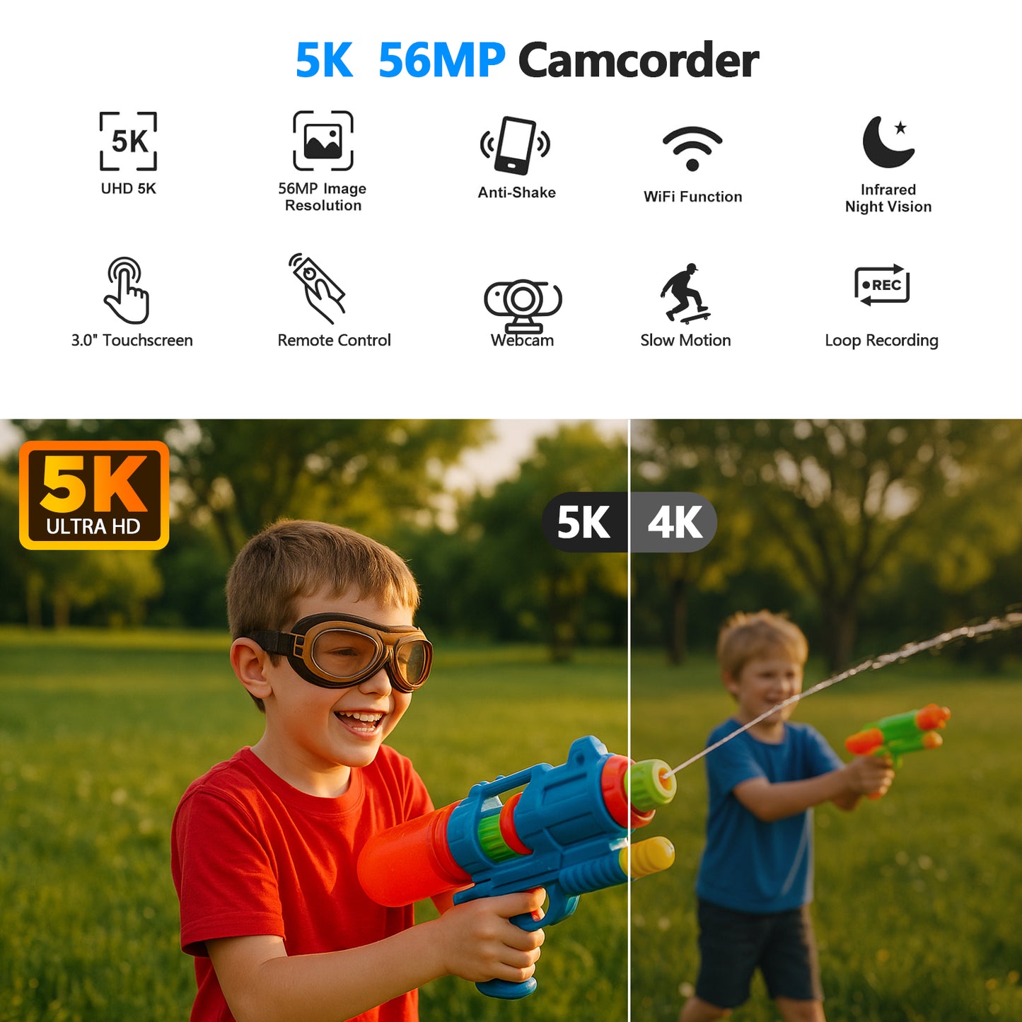Campark 5K 25FPS Video Camera 56MP Photo 3" Touch Screen Digital Camcorder for Vlogging Youtube