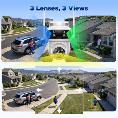 Toguard Triple-Lens Wireless Security Cameras System, 24/7 Record Home Security Camera System, Auto Tracking, 2.4 & 5GHz WiFi, 360°PTZ, 2K Color Night Vision, 0 Monthly Fee, 500GB HDD