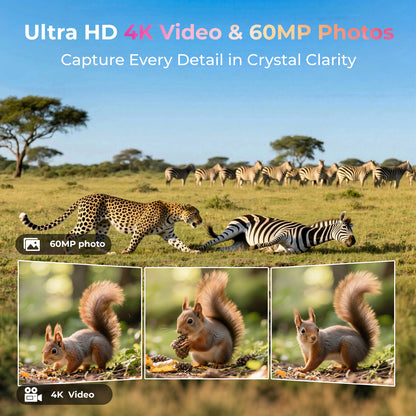 CAMPARK WiFi トレイルカメラ 4K UHD 30FPS 統合型ソーラーパワー、スターライトナイトビジョン デュアルレンズ 60MP Bluetooth ゲームカメラ 0.1S トリガー IMX458 センサー P66 防水 野生動物モニタリング用
