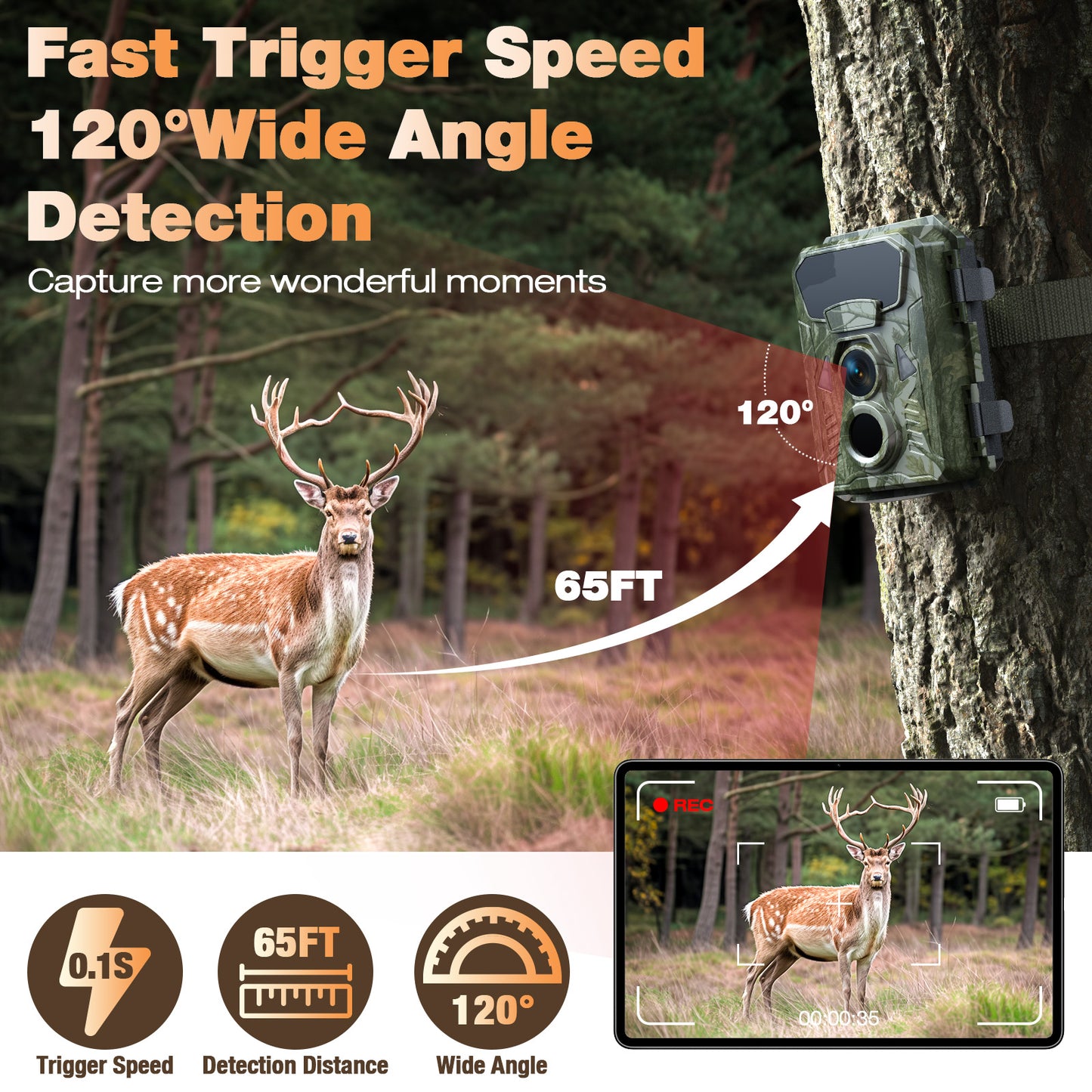 Campark Trail Camera 4K 48MP Hunting Game Camera with Infrared Night Vision Motion Activated Waterproof IP66 0.1s Trigger Time Lapse 2.0" LCD Trail Wildlife Cam