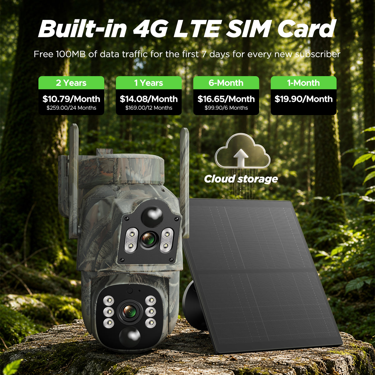 Campark 4G LTE Cellular Trail Camera, Dual Lens Dual Pir Solar Powered 2K Hunting Game Cam, 360° Live View, Color Night Vision, No WiFi