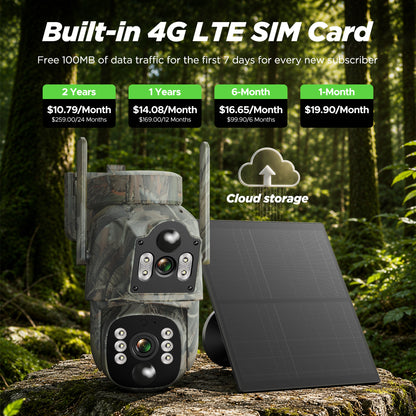 Campark 4G LTE Cellular Trail Camera, Dual Lens Dual Pir Solar Powered 2K Hunting Game Cam, 360° Live View, Color Night Vision, No WiFi