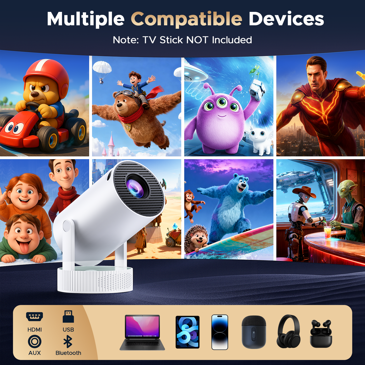 Campark Mini Projector 4K Wifi 6 Max 3.5H Battery 220° Rotatable Portable for Outdoor Bedroom 1080P Compatible with iphone/TV Stick/HDMI/Laptop