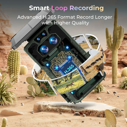 CAMPARK WiFi トレイルカメラ 4K UHD 30FPS 統合型ソーラーパワー、スターライトナイトビジョン デュアルレンズ 60MP Bluetooth ゲームカメラ 0.1S トリガー IMX458 センサー P66 防水 野生動物モニタリング用