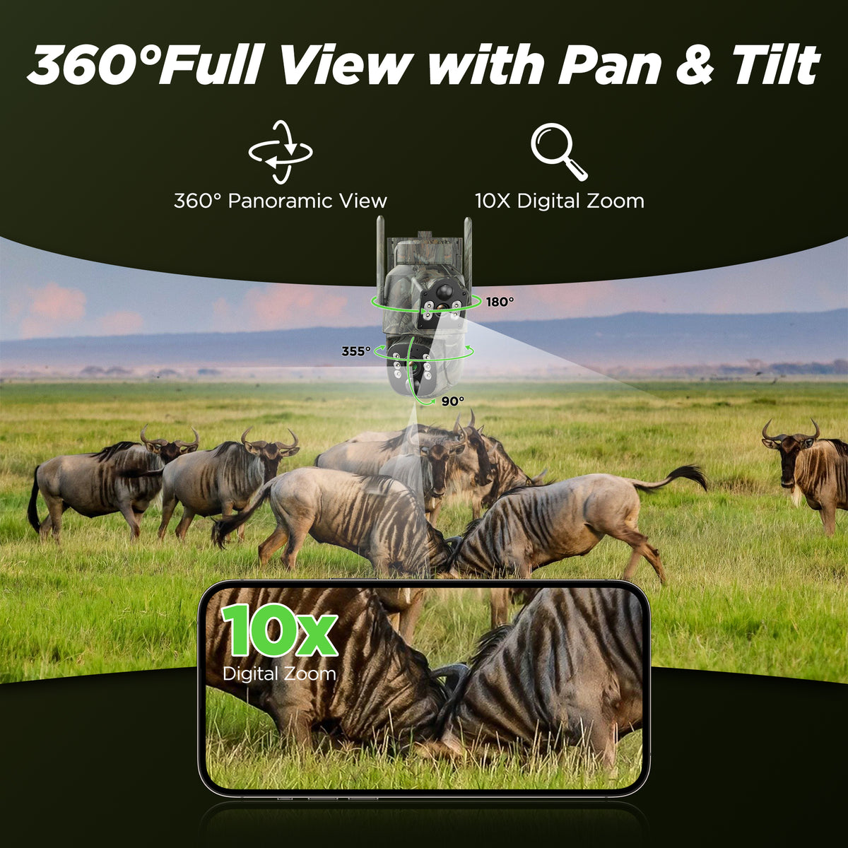 Campark 4G LTE Cellular Trail Camera, Dual Lens Dual Pir Solar Powered 2K Hunting Game Cam, 360° Live View, Color Night Vision, No WiFi