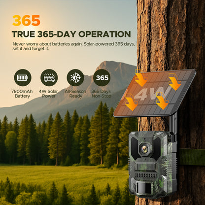 Caméra de chasse solaire CAMPARK 48 MP 4K avec vision nocturne, détection de mouvement, étanche IP66, enregistrement en boucle, temps de déclenchement de 0,1 s, batterie intégrée de 2 000 mAh