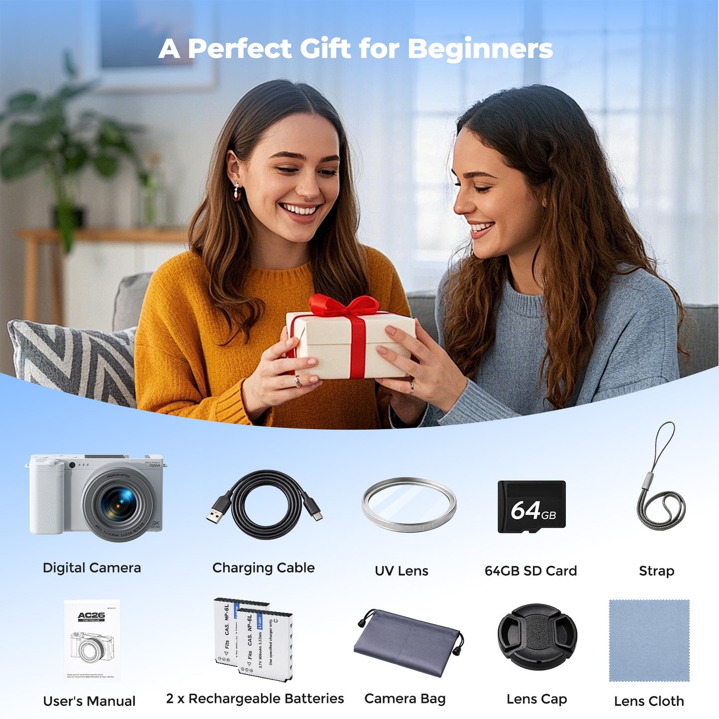 Campark 72MP Digital Camera for Photography with 6X Optical Zoom Ultra HD Autofocus 5K Video Camara Digital, 64GB SD Card