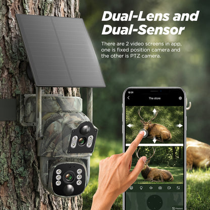 Campark 4G LTE Cellular Trail Camera, Dual Lens Dual Pir Solar Powered 2K Hunting Game Cam, 360° Live View, Color Night Vision, No WiFi
