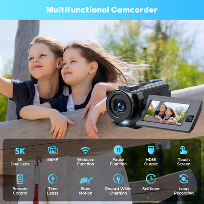 Campark Dual Lens 5K 25FPS Video Camera 56MP Photo 3" Touch Screen Digital Camcorder for Vlogging Youtube