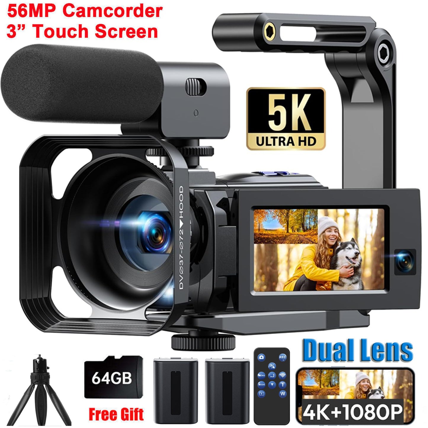 Campark Dual Lens 5K 25FPS Video Camera 56MP Photo 3" Touch Screen Digital Camcorder for Vlogging Youtube (Copy)