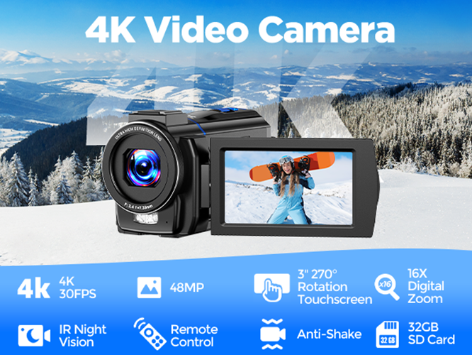 Campark AC11A 4K 30FPS Video Camera 48MP Camcorder with IR Night Vision, 3.0" Touch Screen