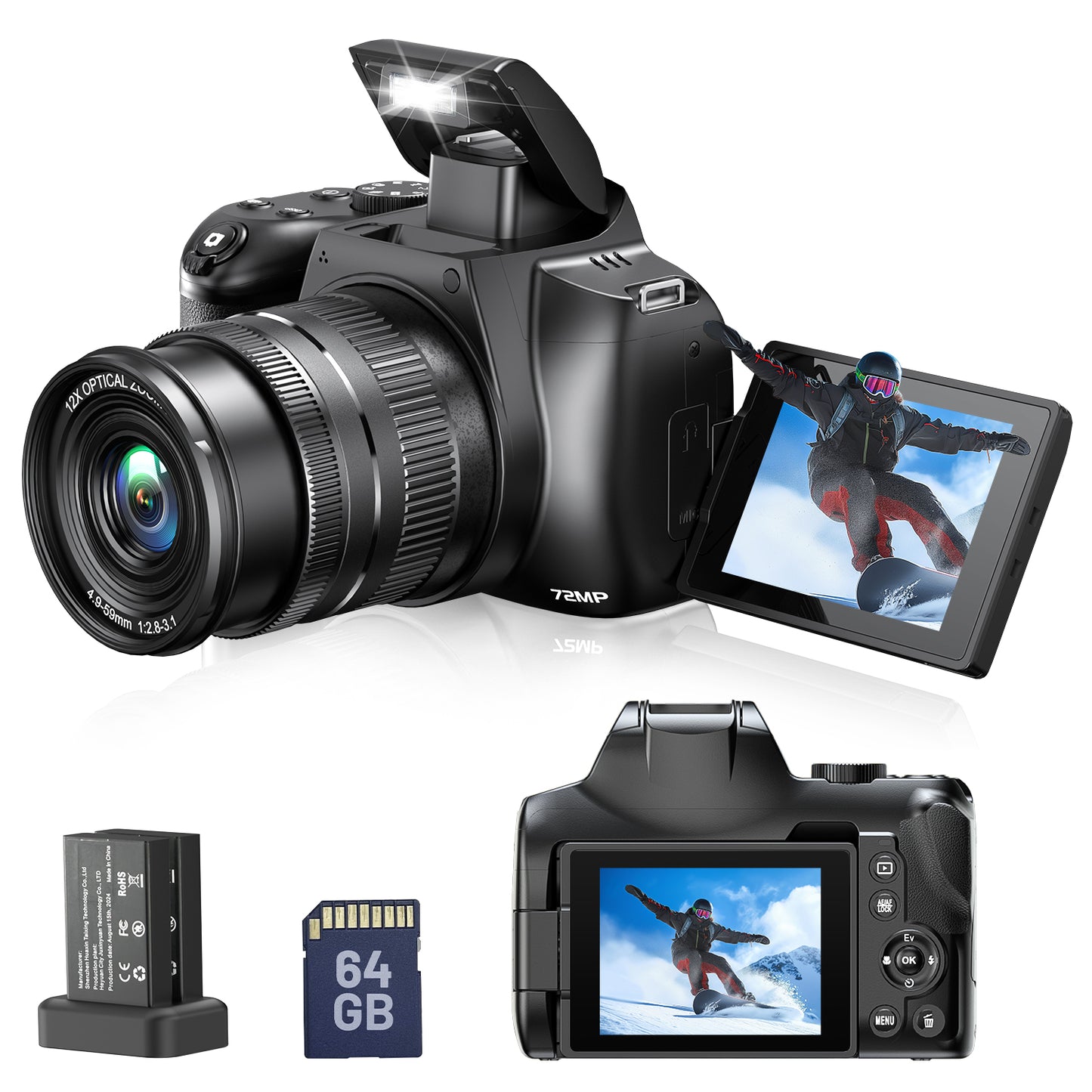 Campark 72MP Digital Camera with 12X Option Zoom Autofocus 4K/30FPS Video, WiFi, 64GB Card