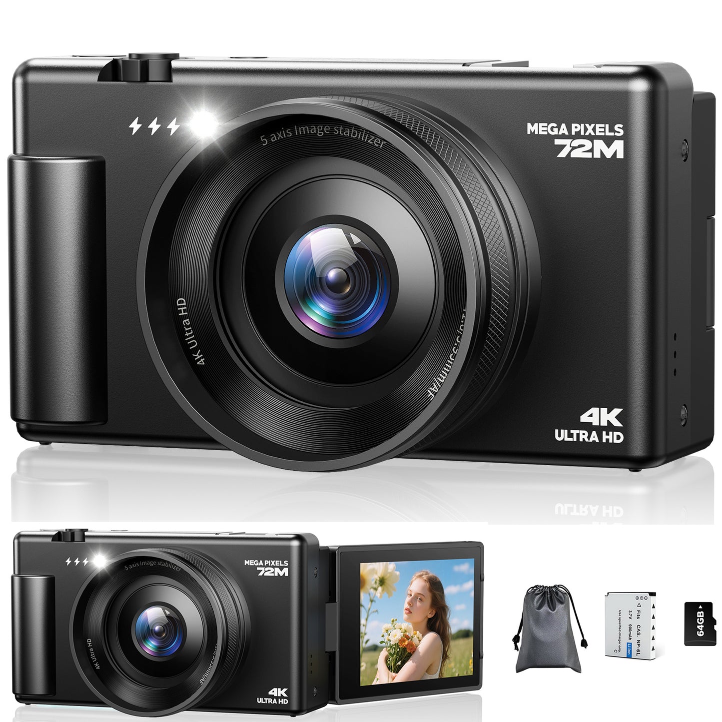 Campark AC18 72MP Digital Camera 4K/30FPS Video with 18x Zoom, 64GB Card for Beginners