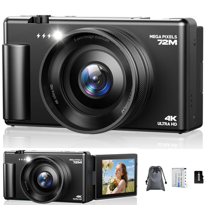 Campark AC18 72MP Digital Camera 4K/30FPS Video with 18x Zoom, 64GB Card for Beginners