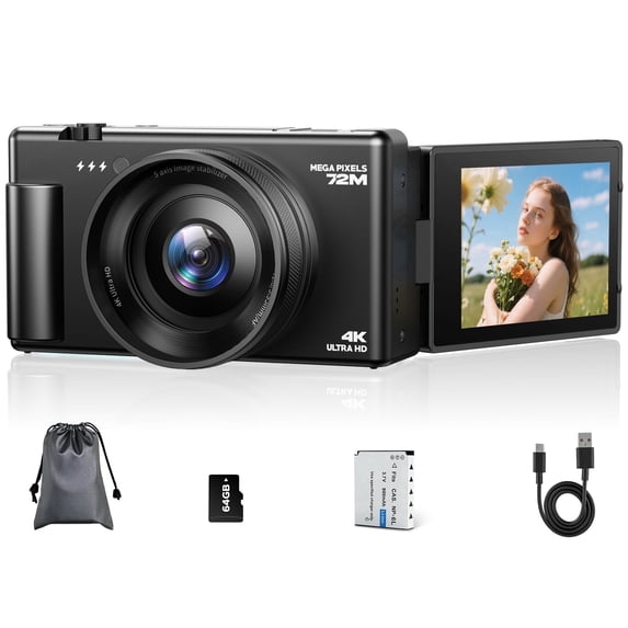 Campark AC18 72MP Digital Camera 4K/30FPS Video with 18x Zoom, 64GB Card for Beginners