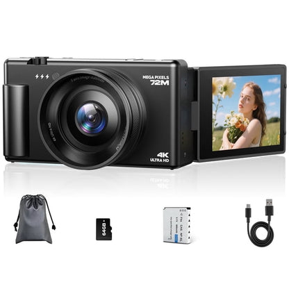 Campark AC18 72MP Digital Camera 4K/30FPS Video with 18x Zoom, 64GB Card for Beginners
