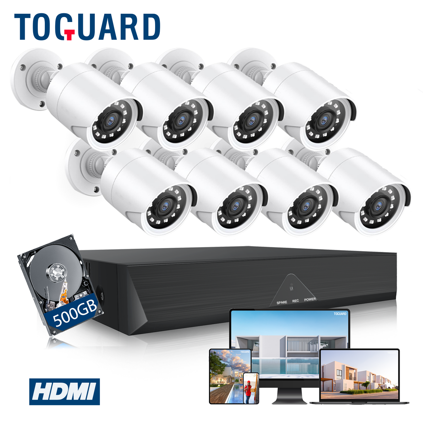 Toguard SC35 8CH Wired Security Camera System Outdoor with 500GB Hard Drive 8pcs 1080P Bullet Surveillance Cameras HDMI Connector