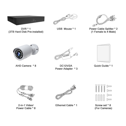 Toguard 8CH CCTV Security Camera System Outdoor with 3TB Hard Drive 4pcs Wired 1080P Bullet Surveillance Cameras HDMI Connector