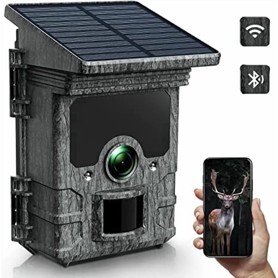 CAMPARK Trail Camera Solar Powered Wifi Bluetooth Native 4K 30fps 46MP 4400mAh Game Hunting Camera with Loop Recording 0.1s Trigger Time Deer Trail Cam with Night Vision Waterproof IP66