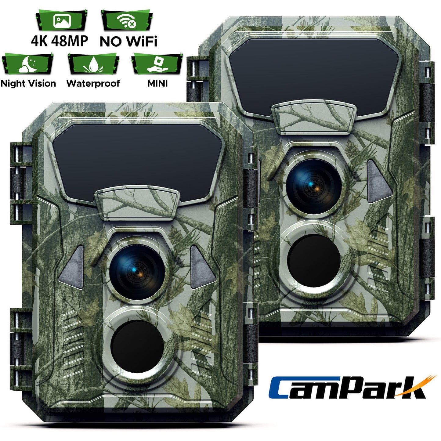 CAMPARK トレイルカメラ 2個パック 36MP 2K HD ゲーム鹿狩りカメラ 赤外線ナイトビジョン付き 65フィート モーションアクティベート 防水 IP56 120°広角 2.0インチ LCD トレイルカメラ 野生動物モニタリング用