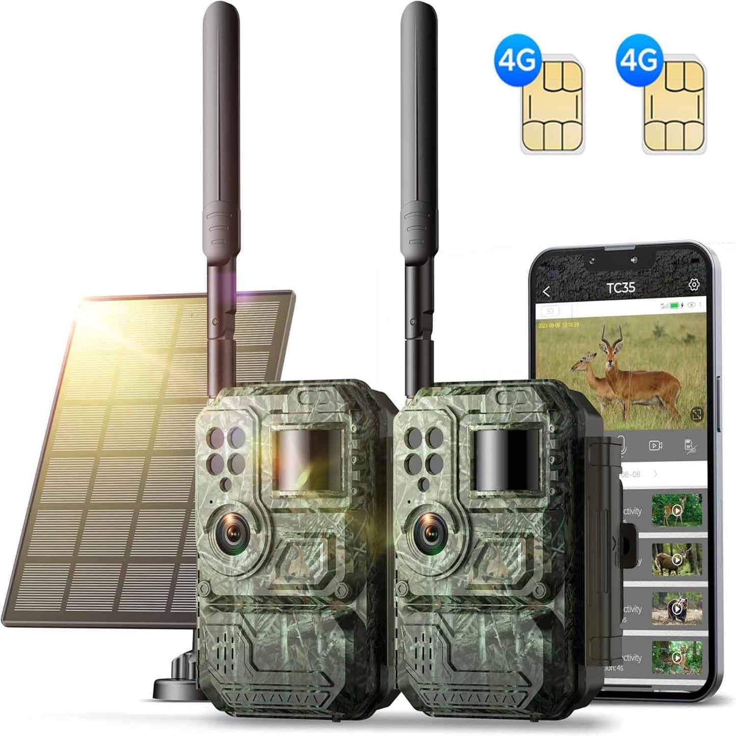 Campark 2 pack Cellular Trail Camera Solar Panel 1080P Game Deer Cameras Built-in 4G LTE SIM Card, Cloud Storage Night Vision Hunting Cam