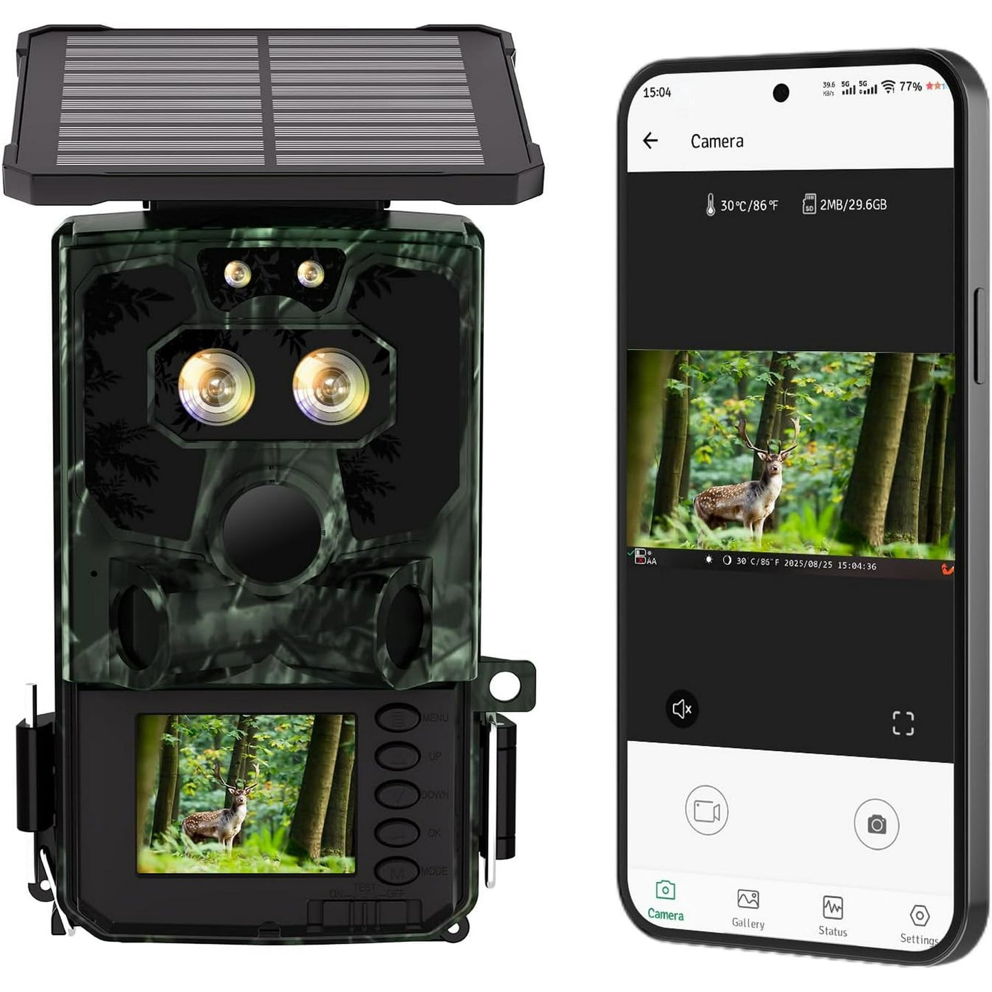 CAMPARK WiFi トレイルカメラ 4K UHD 30FPS 統合型ソーラーパワー、スターライトナイトビジョン デュアルレンズ 60MP Bluetooth ゲームカメラ 0.1S トリガー IMX458 センサー P66 防水 野生動物モニタリング用