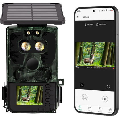 CAMPARK WiFi トレイルカメラ 4K UHD 30FPS 統合型ソーラーパワー、スターライトナイトビジョン デュアルレンズ 60MP Bluetooth ゲームカメラ 0.1S トリガー IMX458 センサー P66 防水 野生動物モニタリング用