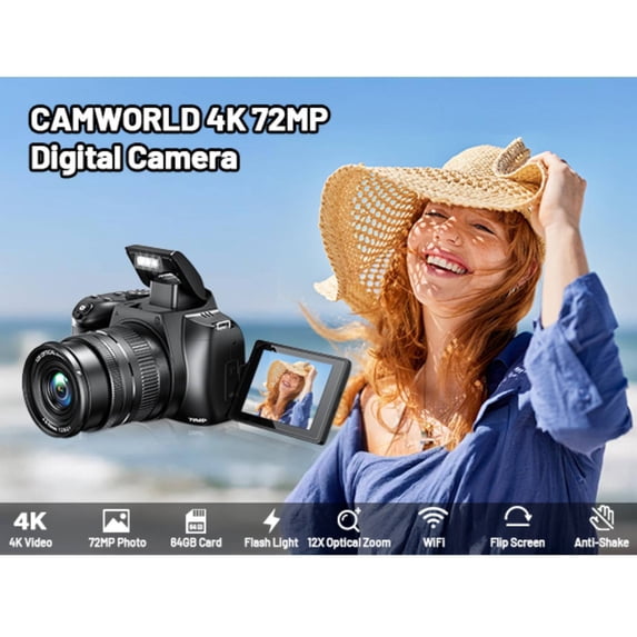Appareil photo numérique Campark 72MP avec option zoom 12X, mise au point automatique, vidéo 4K/30FPS, WiFi, carte 64 Go 