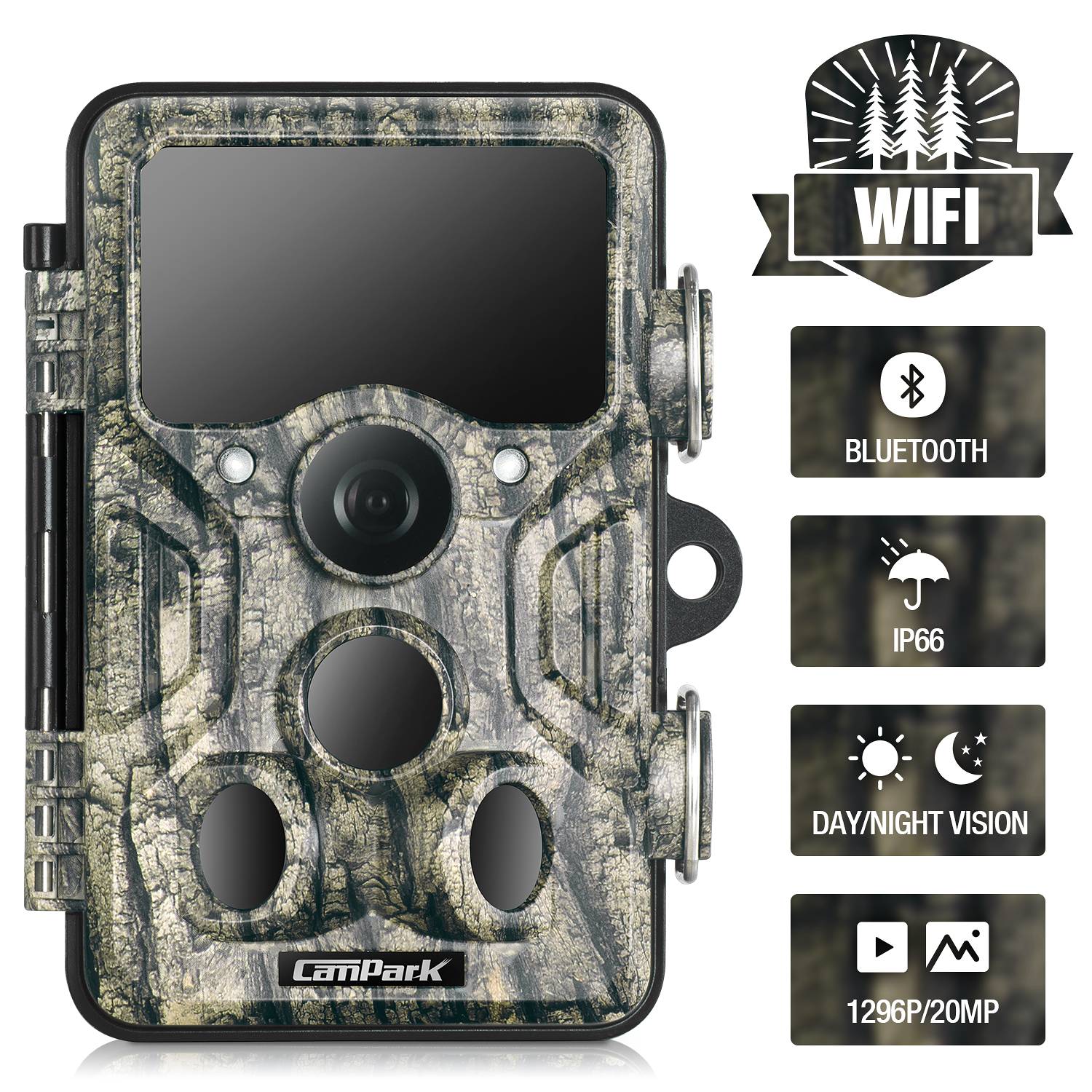 Trail Camera Monitor CAMPARK Trail Camera 20MP 1296P Wildlife Monitor Hunting Game WiFi Blu ...